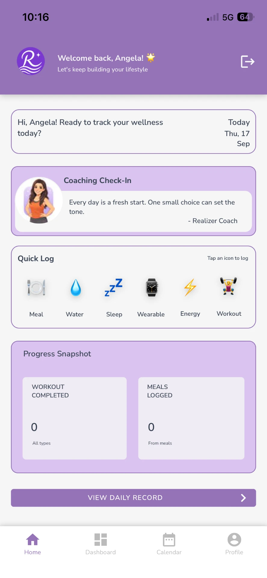 Realizer app home screen showing the daily check-in, quick log icons for meals, water, sleep, mood, energy, and workouts, plus progress snapshot and coaching check-in.